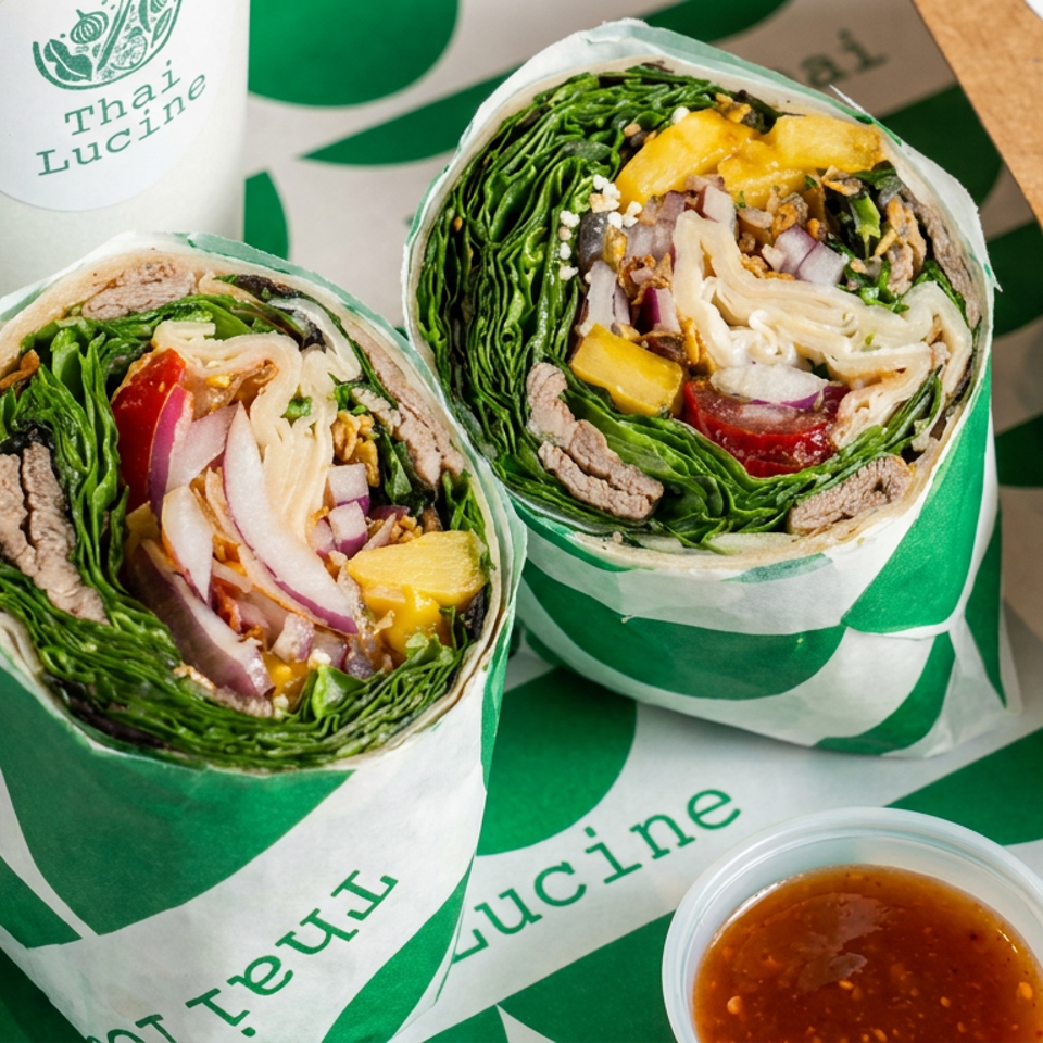 Halved Thai wraps filled with greens, beef, noodles, vegetables, and pineapple beside dipping sauce and branded packaging.
