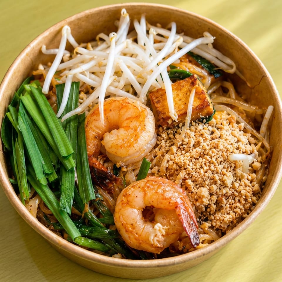 Bowl of shrimp pad Thai topped with bean sprouts, chives, tofu, and crushed peanuts.