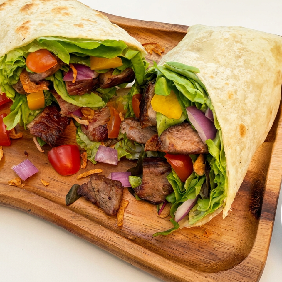 Two grilled meat wraps filled with lettuce, tomatoes, peppers, onions, and crispy toppings on a wooden board with dipping sauce.