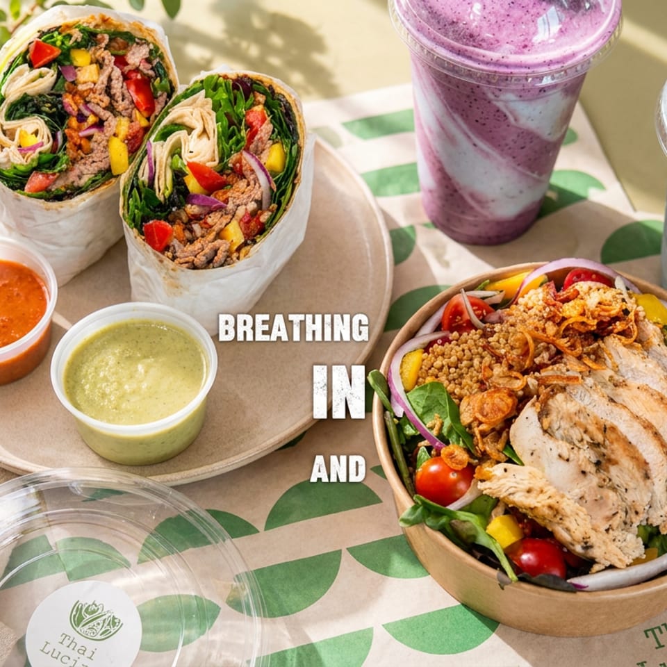Overhead spread of Thai-inspired wraps, chicken salad bowl, dipping sauces, and colorful berry smoothies on a sunlit table.