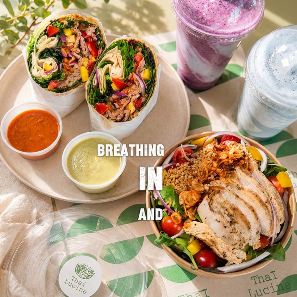 Thai Lucine meal spread featuring loaded wraps, grilled chicken salad, dipping sauces, and two colorful smoothies.