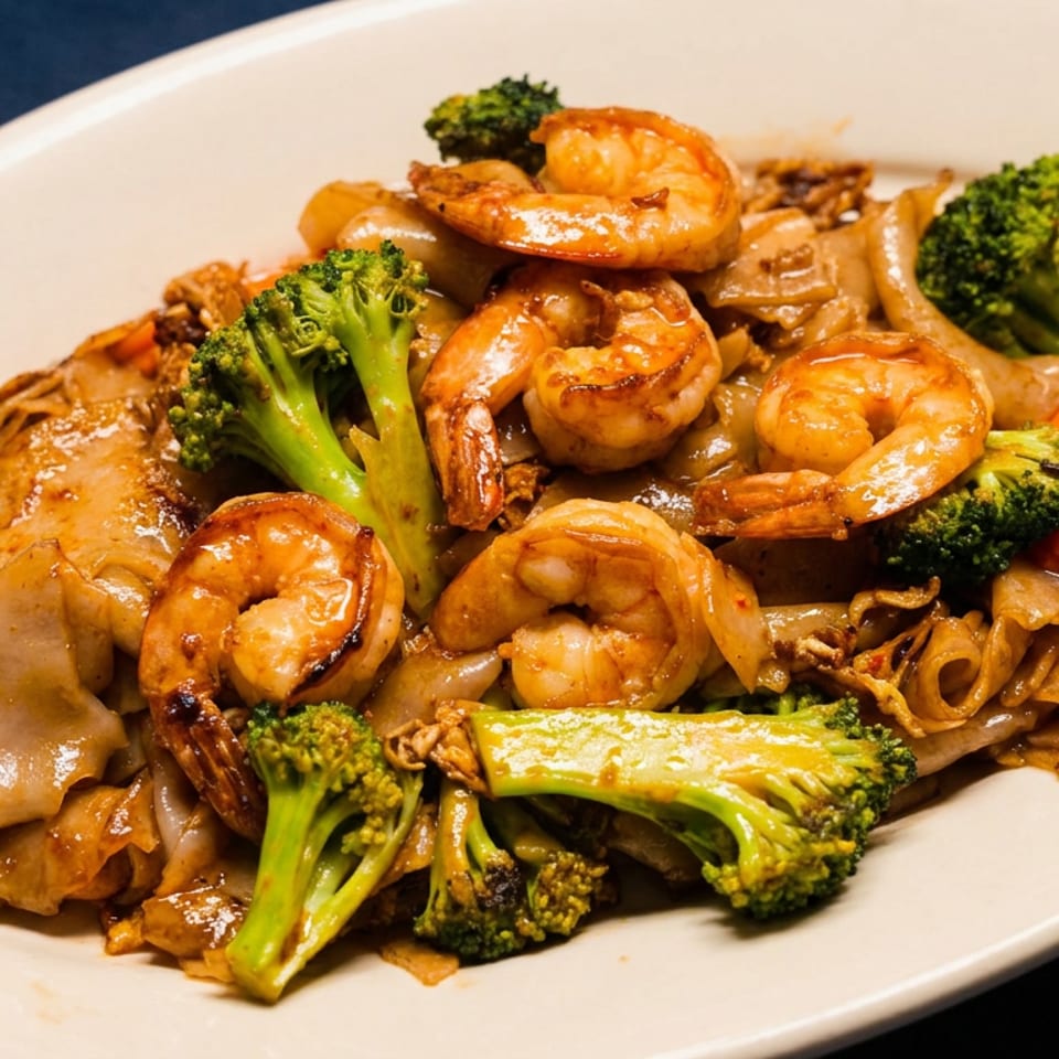 Stir-fried shrimp, broccoli, carrots, mushrooms, and wide noodles served on a white plate.