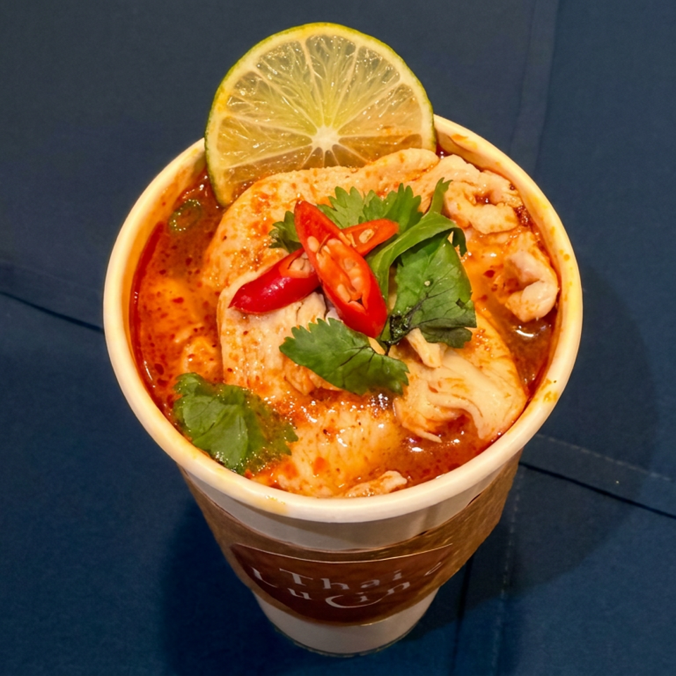 Cup of spicy Thai soup topped with chicken, shrimp, lime, sliced chilies, and cilantro on dark fabric.